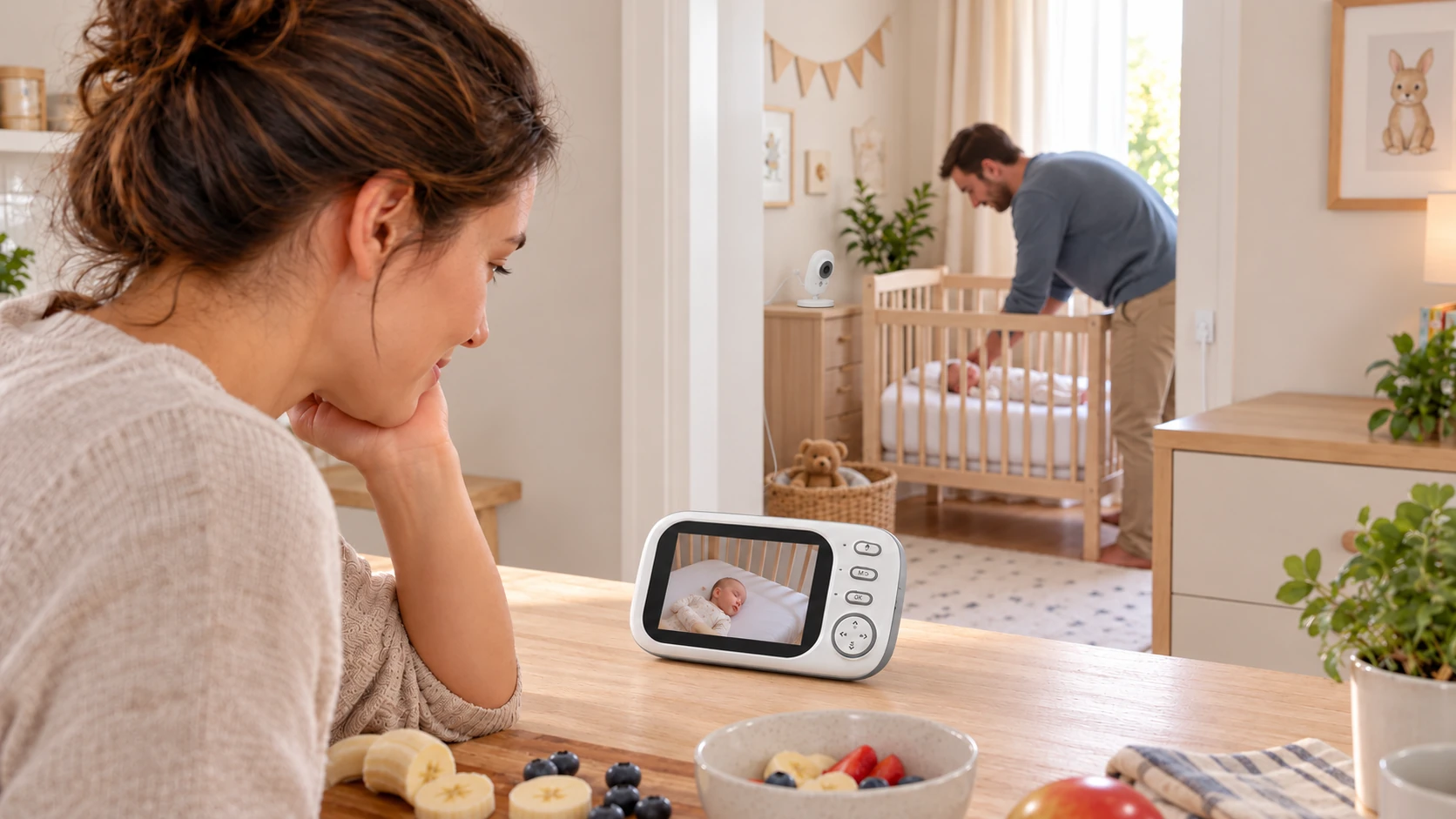 ABM600 used for nearby home care with the baby visible on its dedicated display